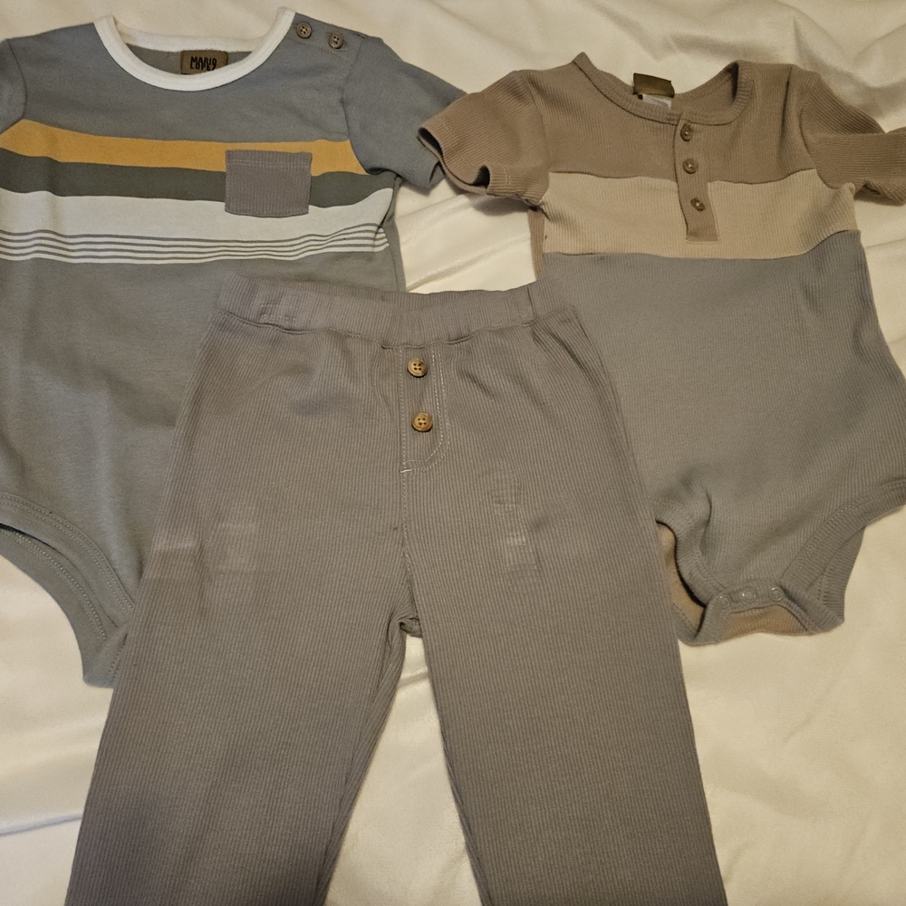 Neutral Stripe & Ribbed Kids Matching Set - Gray/Tan